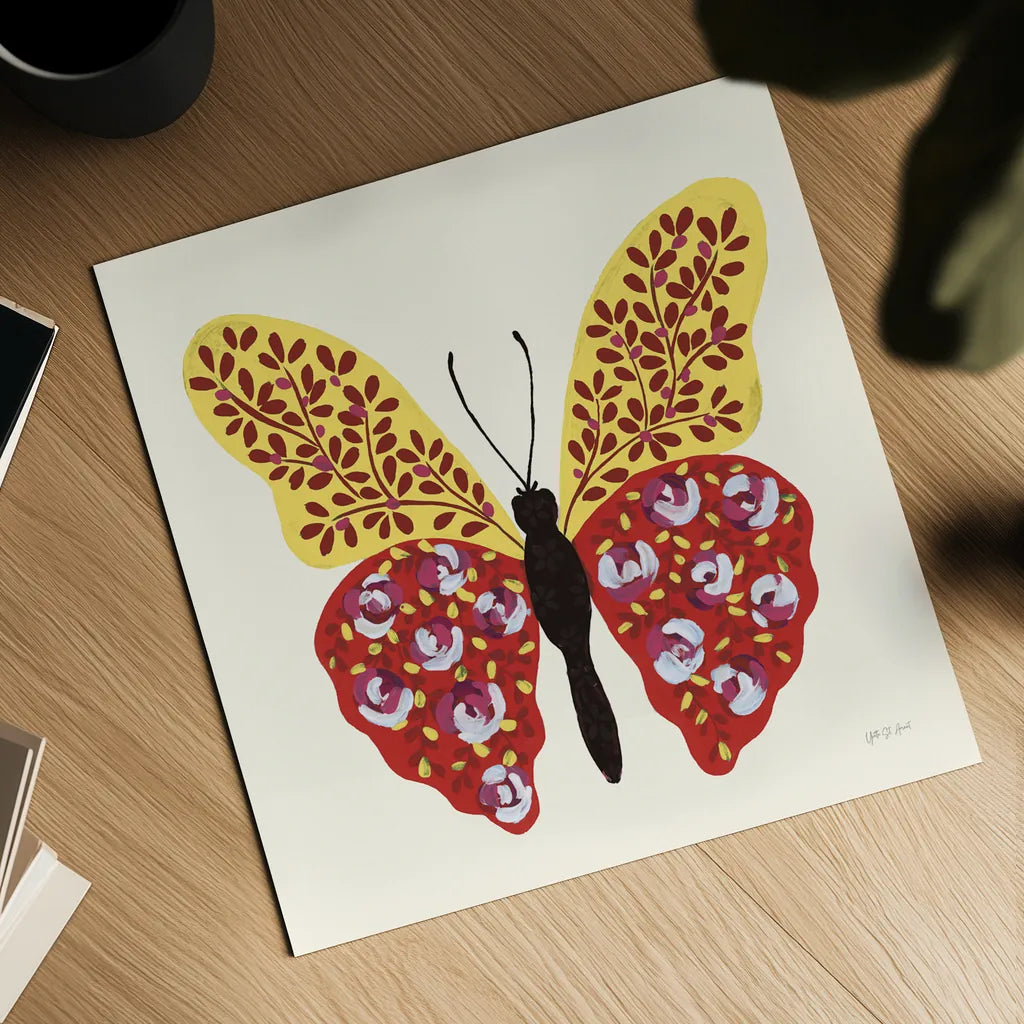 Blooming Butterfly I Vintage by Yvette St. Amant. Shown as a detailed flat fine art print, highlighting archival giclee quality. Available as an archival giclee rolled canvas, fine art paper, or poster print. SKU 96750a.