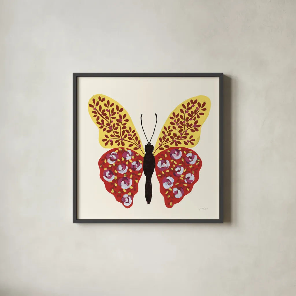 Blooming Butterfly I Vintage by Yvette St. Amant. Shown in a sleek black glass frame for a contemporary gallery look. Available as an archival giclee rolled canvas, fine art paper, or poster print. SKU 96750a.