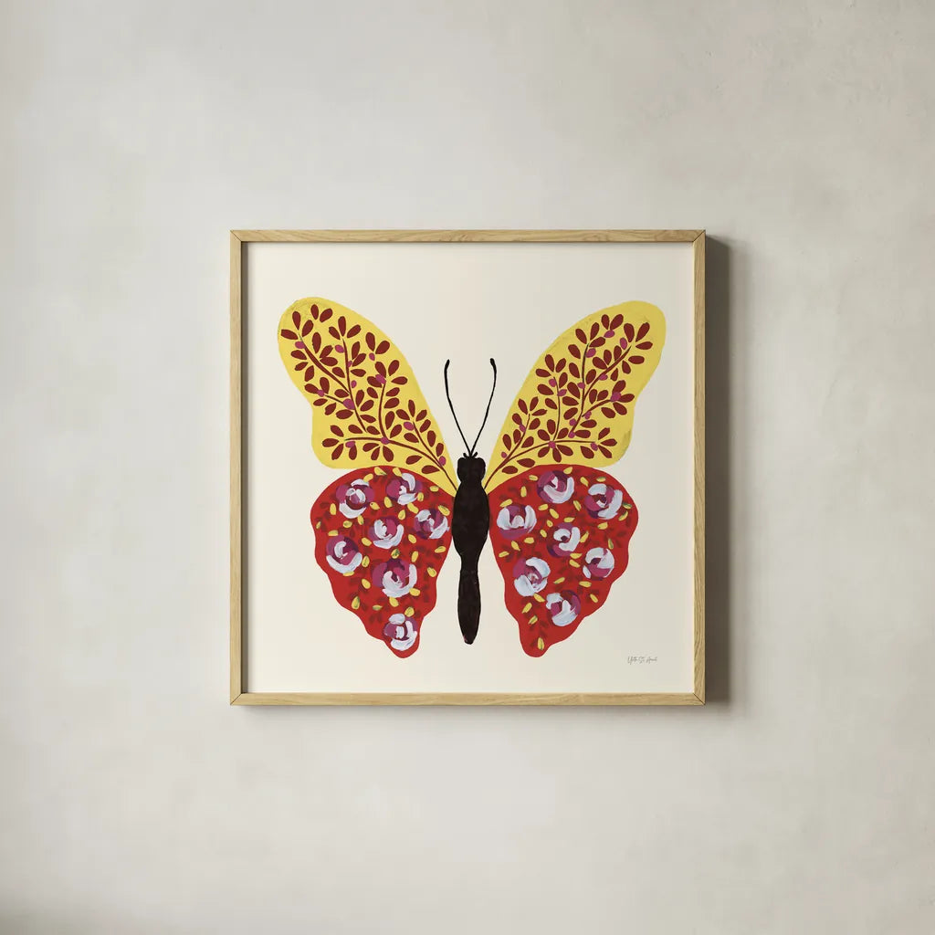 Blooming Butterfly I Vintage by Yvette St. Amant. Shown in a natural wood glass frame for a timeless modern aesthetic. Available as an archival giclee rolled canvas, fine art paper, or poster print. SKU 96750a.