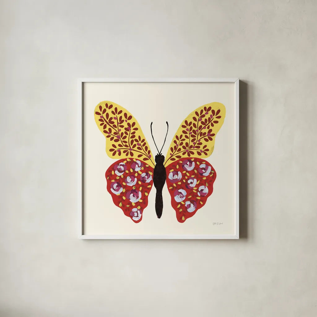Blooming Butterfly I Vintage by Yvette St. Amant. Shown in a crisp white glass frame for a clean and minimalist style. Available as an archival giclee rolled canvas, fine art paper, or poster print. SKU 96750a.