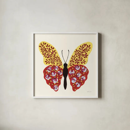 Blooming Butterfly I Vintage by Yvette St. Amant. Shown in a crisp white glass frame for a clean and minimalist style. Available as an archival giclee rolled canvas, fine art paper, or poster print. SKU 96750a.