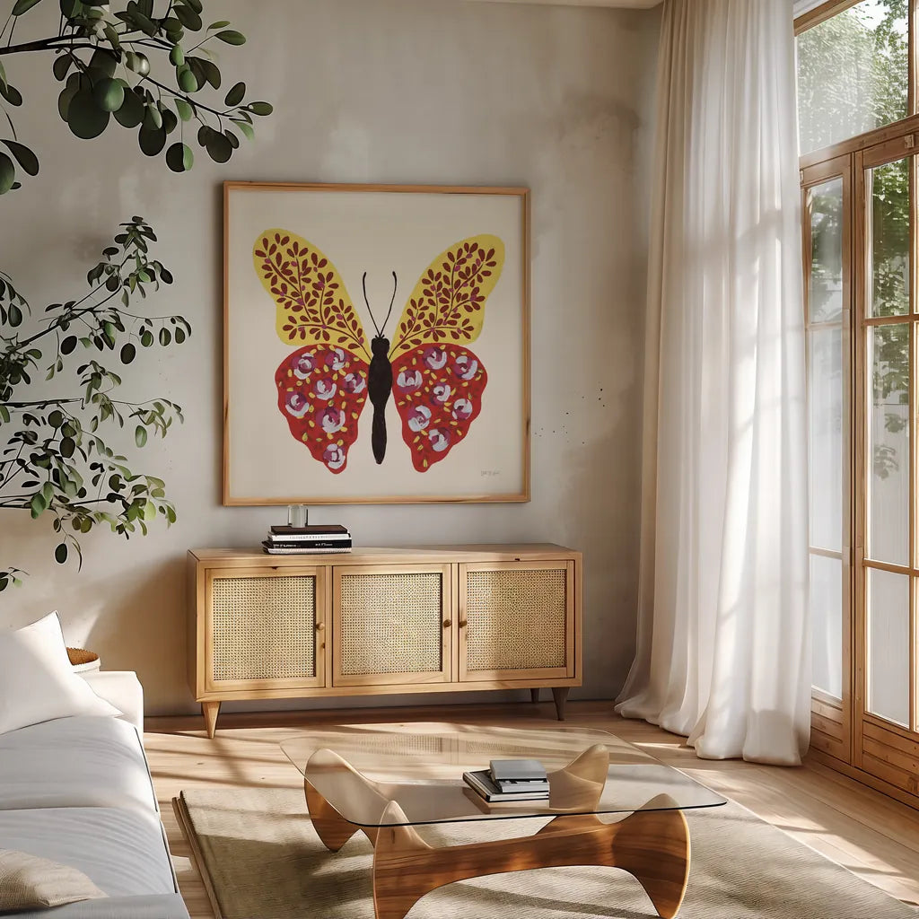 Blooming Butterfly I Vintage by Yvette St. Amant. Shown in a natural wood frame in a cozy modern living room. Available as an archival giclee rolled canvas, fine art paper, or poster print. SKU 96750a.