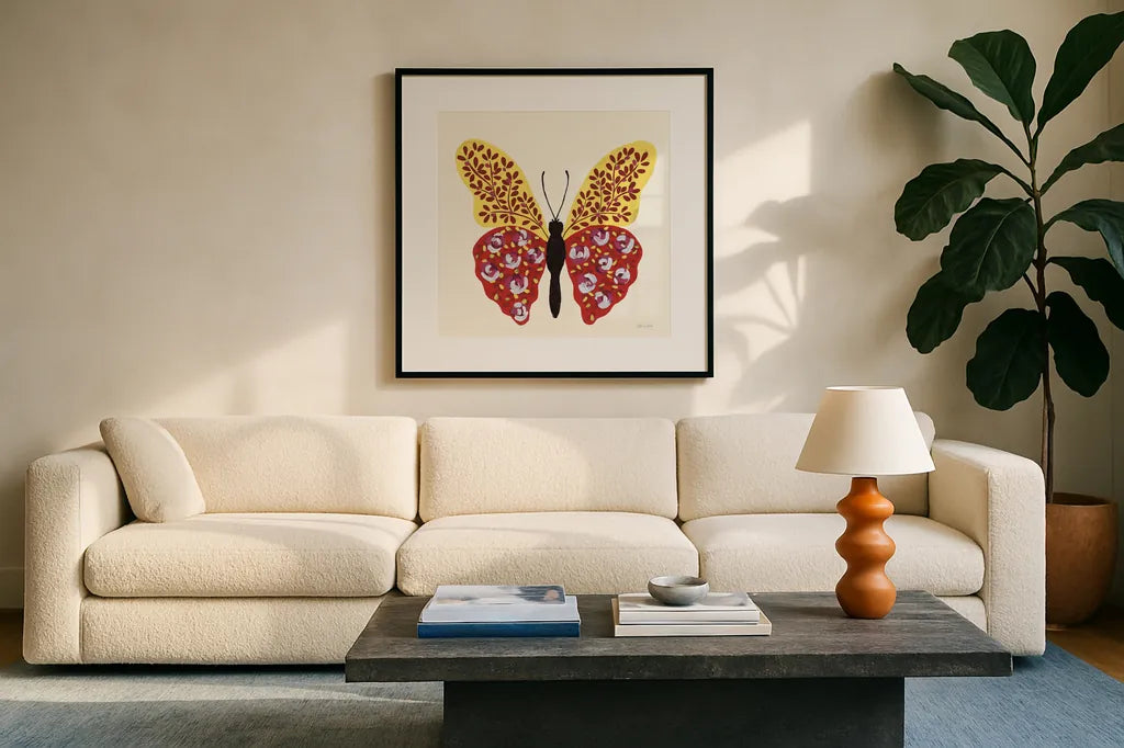 Blooming Butterfly I Vintage by Yvette St. Amant. Displayed in a glass frame with matte in a clean modern living room. Available as an archival giclee rolled canvas, fine art paper, or poster print. SKU 96750a.