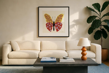Blooming Butterfly I Vintage by Yvette St. Amant. Displayed in a glass frame with matte in a clean modern living room. Available as an archival giclee rolled canvas, fine art paper, or poster print. SKU 96750a.