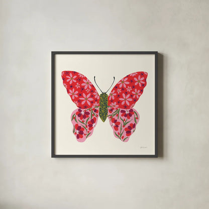 Blooming Butterfly II by Yvette St. Amant. Shown in a sleek black glass frame for a contemporary gallery look. Available as an archival giclee rolled canvas, fine art paper, or poster print. SKU 91173a.