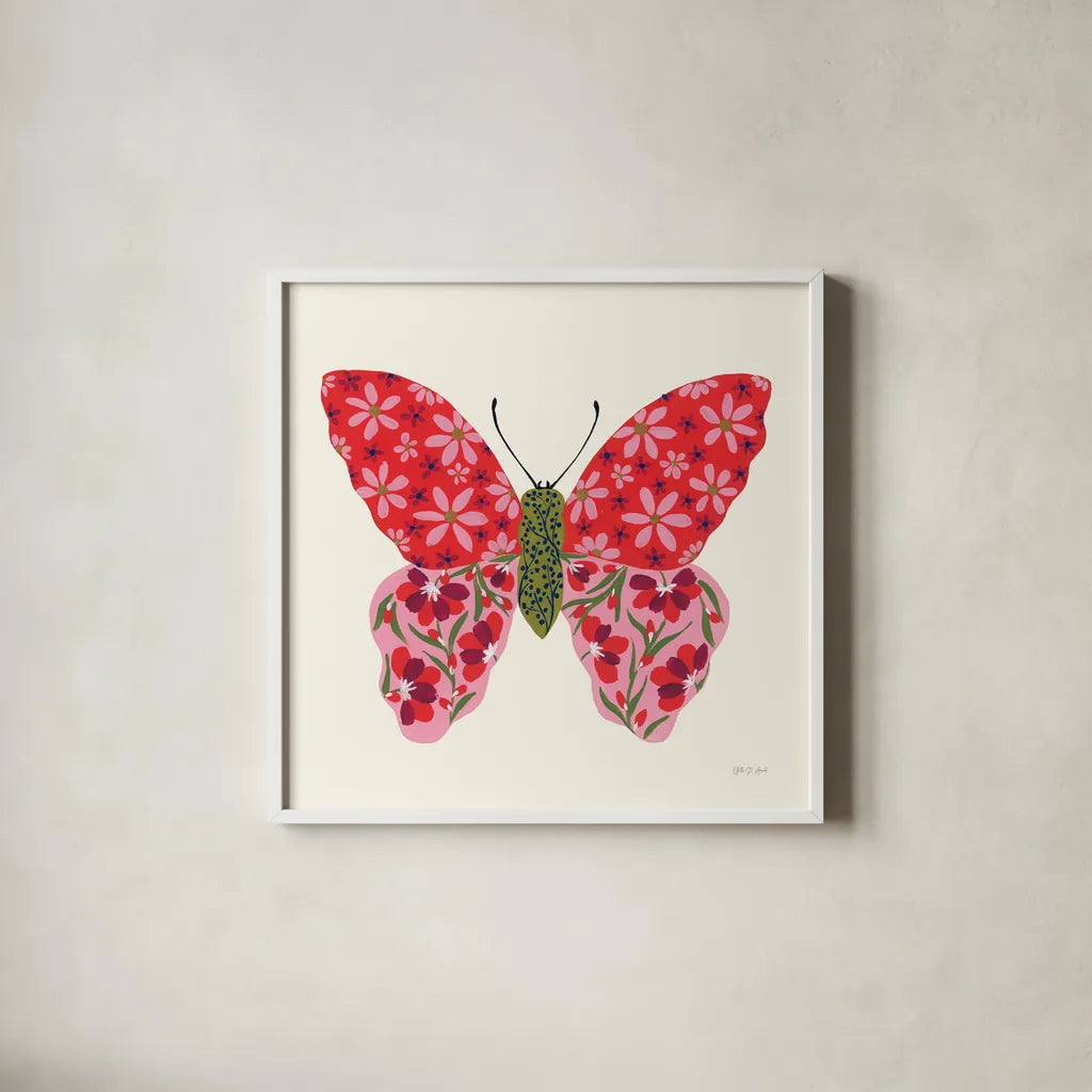 Blooming Butterfly II by Yvette St. Amant. Shown in a crisp white glass frame for a clean and minimalist style. Available as an archival giclee rolled canvas, fine art paper, or poster print. SKU 91173a.