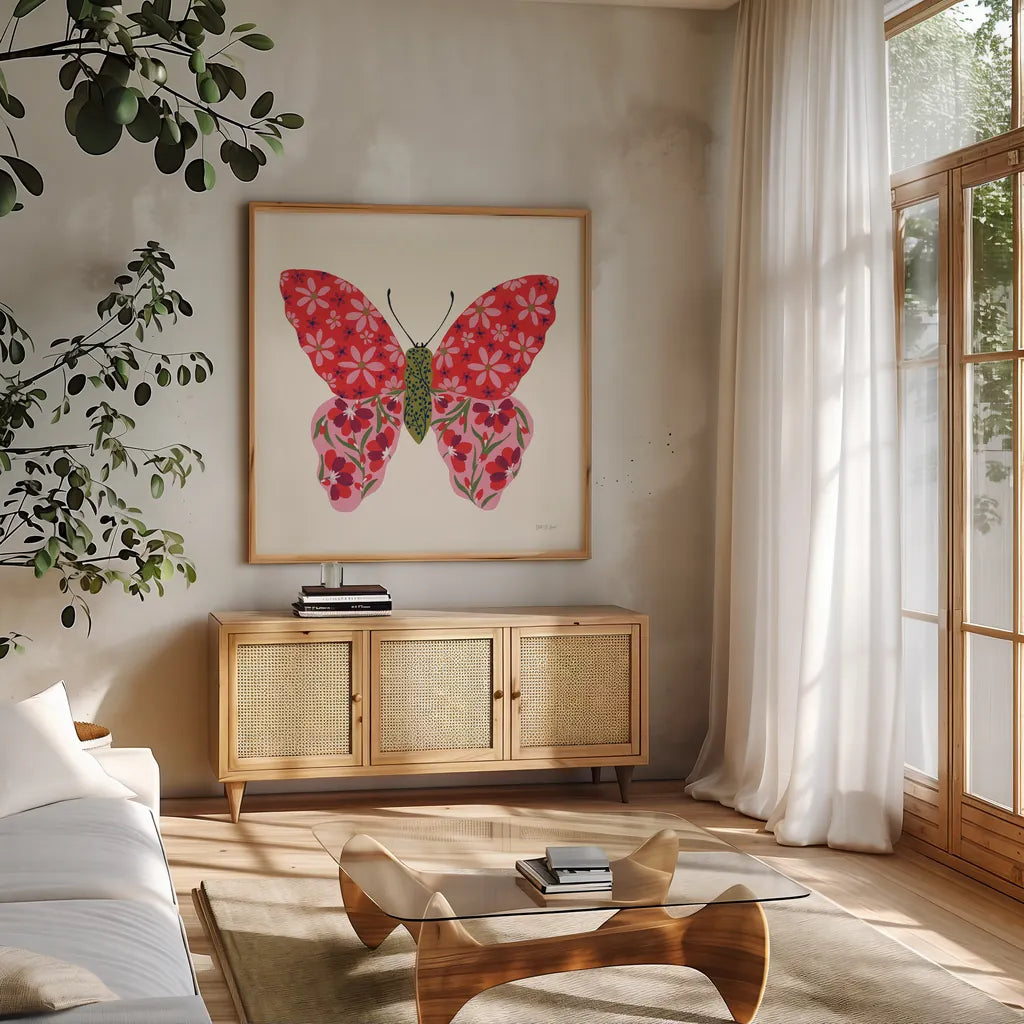 Blooming Butterfly II by Yvette St. Amant. Shown in a natural wood frame in a cozy modern living room. Available as an archival giclee rolled canvas, fine art paper, or poster print. SKU 91173a.