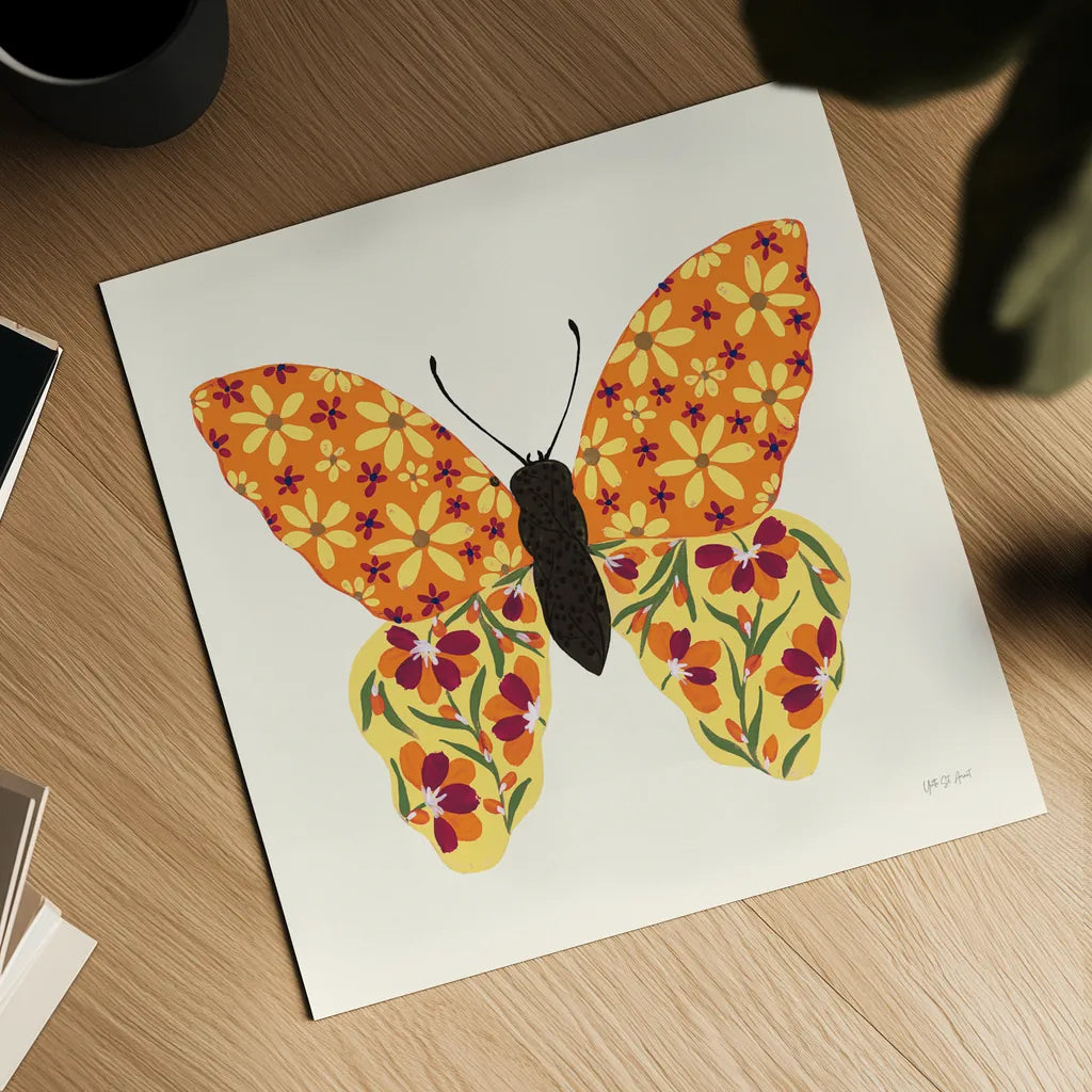 Blooming Butterfly II Vintage by Yvette St. Amant. Shown as a detailed flat fine art print, highlighting archival giclee quality. Available as an archival giclee rolled canvas, fine art paper, or poster print. SKU 96751a.