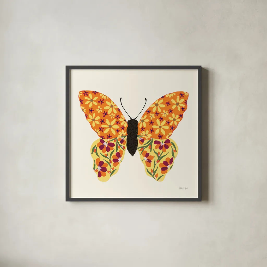 Blooming Butterfly II Vintage by Yvette St. Amant. Shown in a sleek black glass frame for a contemporary gallery look. Available as an archival giclee rolled canvas, fine art paper, or poster print. SKU 96751a.