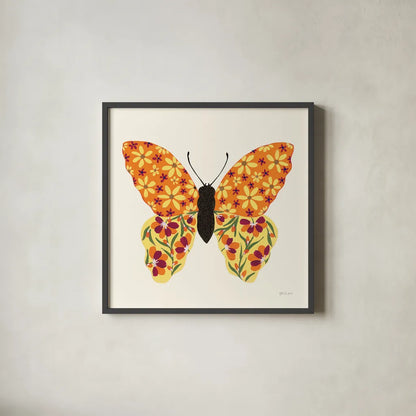 Blooming Butterfly II Vintage by Yvette St. Amant. Shown in a sleek black glass frame for a contemporary gallery look. Available as an archival giclee rolled canvas, fine art paper, or poster print. SKU 96751a.