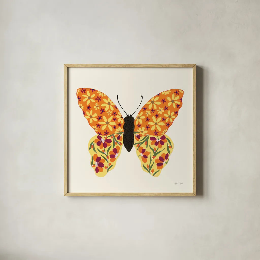 Blooming Butterfly II Vintage by Yvette St. Amant. Shown in a natural wood glass frame for a timeless modern aesthetic. Available as an archival giclee rolled canvas, fine art paper, or poster print. SKU 96751a.