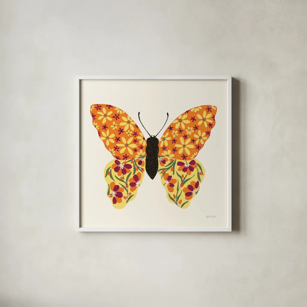 Blooming Butterfly II Vintage by Yvette St. Amant. Shown in a crisp white glass frame for a clean and minimalist style. Available as an archival giclee rolled canvas, fine art paper, or poster print. SKU 96751a.