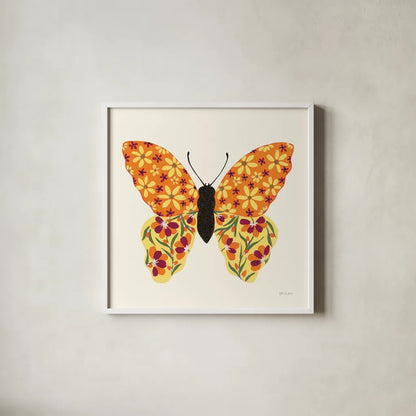 Blooming Butterfly II Vintage by Yvette St. Amant. Shown in a crisp white glass frame for a clean and minimalist style. Available as an archival giclee rolled canvas, fine art paper, or poster print. SKU 96751a.