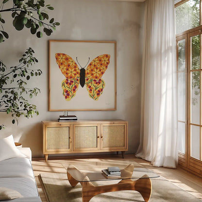 Blooming Butterfly II Vintage by Yvette St. Amant. Shown in a natural wood frame in a cozy modern living room. Available as an archival giclee rolled canvas, fine art paper, or poster print. SKU 96751a.