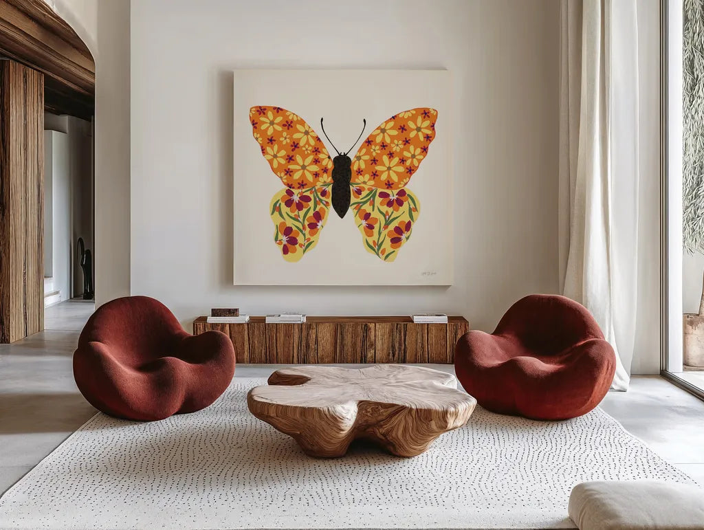 Blooming Butterfly II Vintage by Yvette St. Amant. Shown as extra-large giant wall art in a modern living room. Available as an archival giclee rolled canvas, fine art paper, or poster print. SKU 96751a.