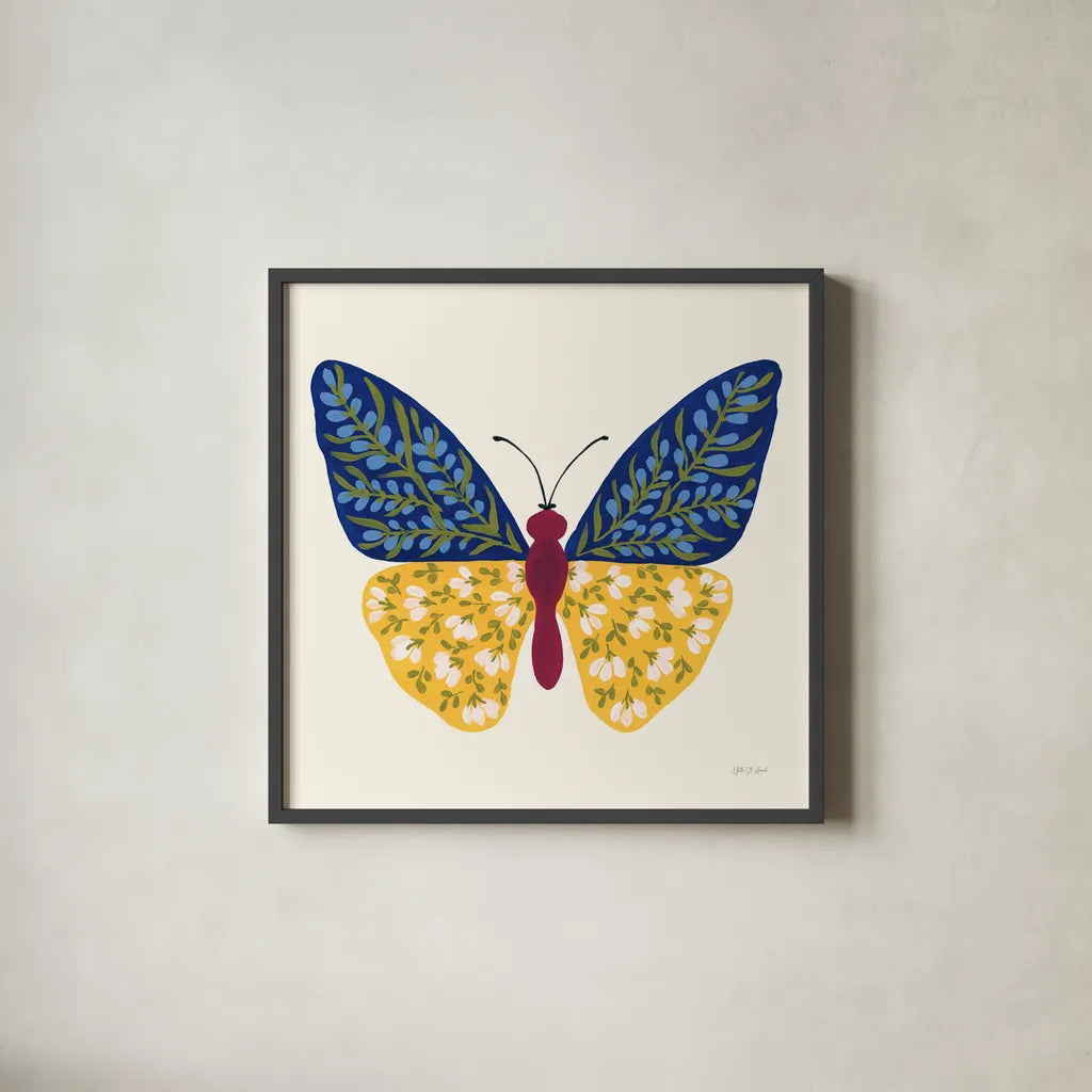 Blooming Butterfly III by Yvette St. Amant. Shown in a sleek black glass frame for a contemporary gallery look. Available as an archival giclee rolled canvas, fine art paper, or poster print. SKU 91174a.