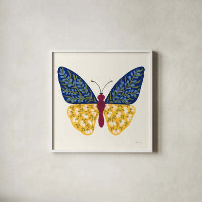 Blooming Butterfly III by Yvette St. Amant. Shown in a crisp white glass frame for a clean and minimalist style. Available as an archival giclee rolled canvas, fine art paper, or poster print. SKU 91174a.