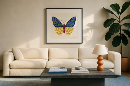 Blooming Butterfly III by Yvette St. Amant. Displayed in a glass frame with matte in a clean modern living room. Available as an archival giclee rolled canvas, fine art paper, or poster print. SKU 91174a.