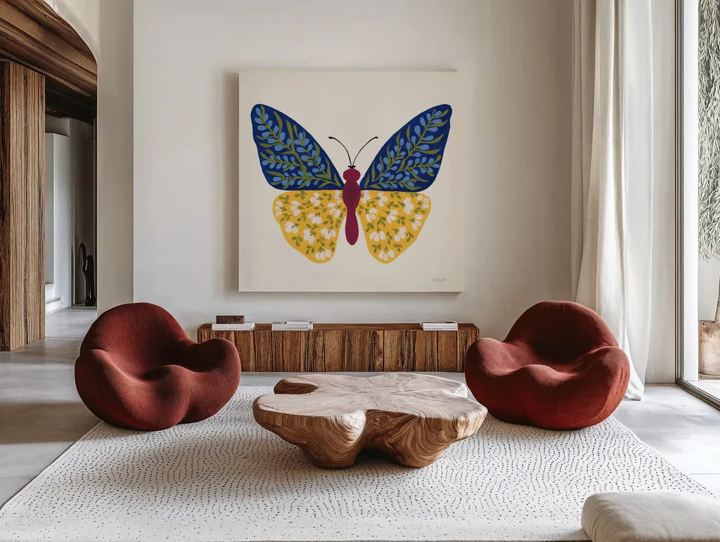 Blooming Butterfly III by Yvette St. Amant. Shown as extra-large giant wall art in a modern living room. Available as an archival giclee rolled canvas, fine art paper, or poster print. SKU 91174a.