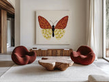 Blooming Butterfly III Vintage by Yvette St. Amant. Shown as extra-large giant wall art in a modern living room. Available as an archival giclee rolled canvas, fine art paper, or poster print. SKU 96752a.