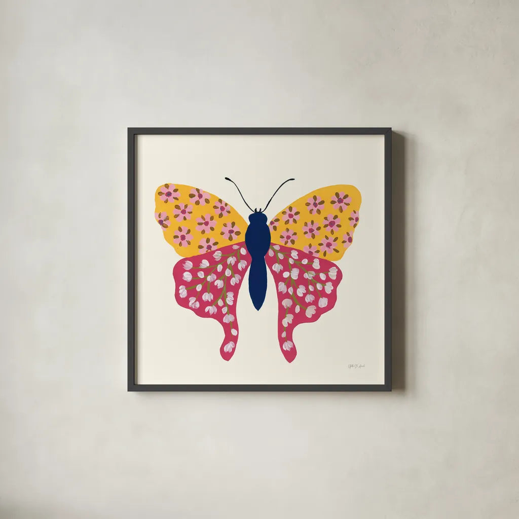 Blooming Butterfly IV by Yvette St. Amant. Shown in a sleek black glass frame for a contemporary gallery look. Available as an archival giclee rolled canvas, fine art paper, or poster print. SKU 91175a.