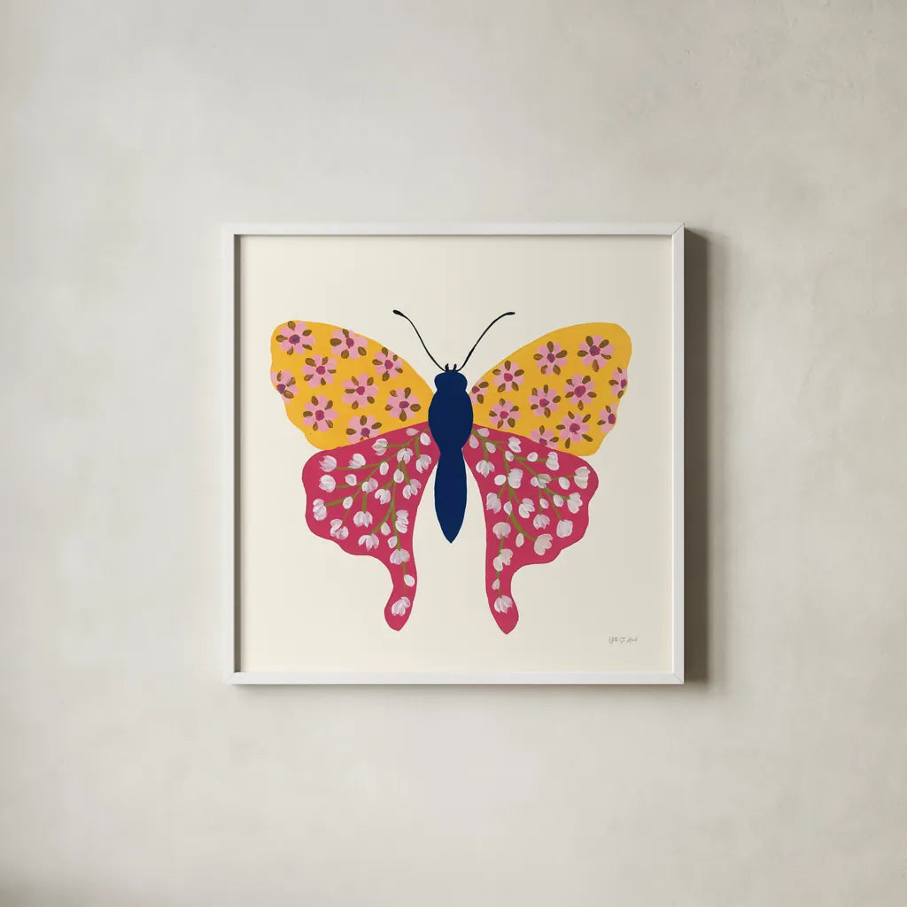 Blooming Butterfly IV by Yvette St. Amant. Shown in a crisp white glass frame for a clean and minimalist style. Available as an archival giclee rolled canvas, fine art paper, or poster print. SKU 91175a.