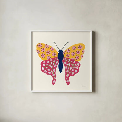 Blooming Butterfly IV by Yvette St. Amant. Shown in a crisp white glass frame for a clean and minimalist style. Available as an archival giclee rolled canvas, fine art paper, or poster print. SKU 91175a.