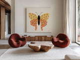 Blooming Butterfly IV Vintage by Yvette St. Amant. Shown as extra-large giant wall art in a modern living room. Available as an archival giclee rolled canvas, fine art paper, or poster print. SKU 96753a.
