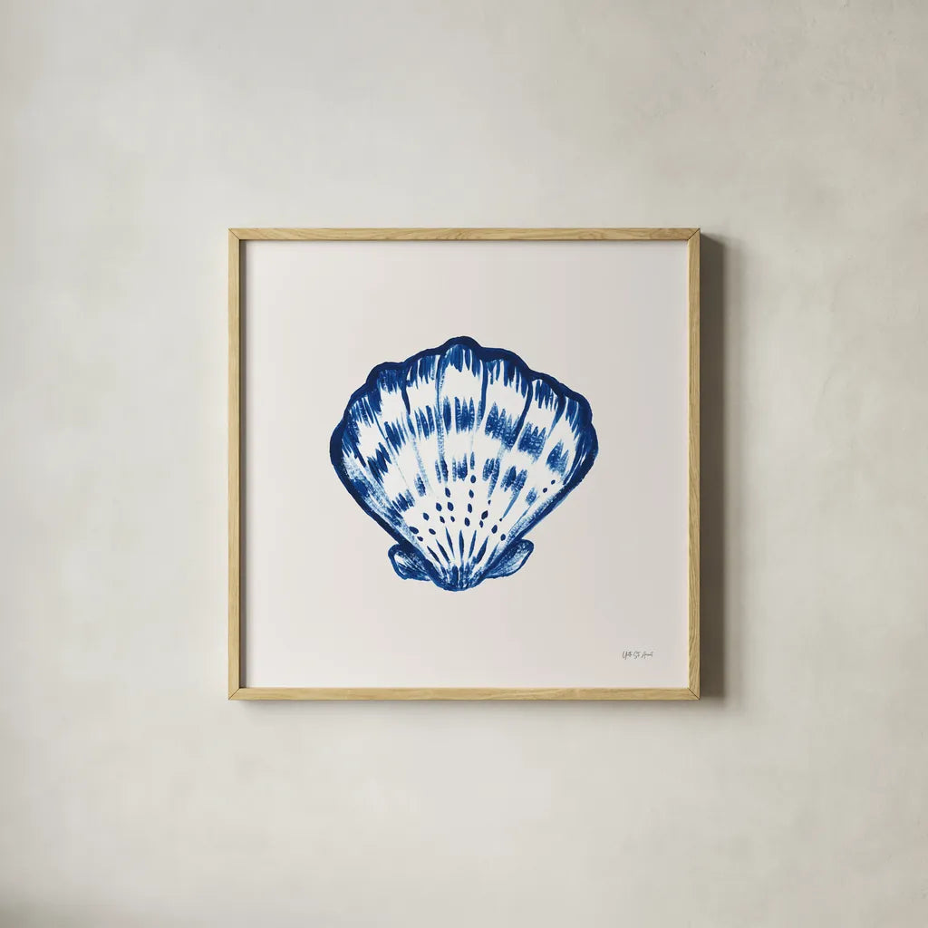 Blue Shell I by Yvette St. Amant. Shown in a natural wood glass frame for a timeless modern aesthetic. Available as an archival giclee rolled canvas, fine art paper, or poster print. SKU 101197a.