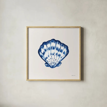 Blue Shell I by Yvette St. Amant. Shown in a natural wood glass frame for a timeless modern aesthetic. Available as an archival giclee rolled canvas, fine art paper, or poster print. SKU 101197a.