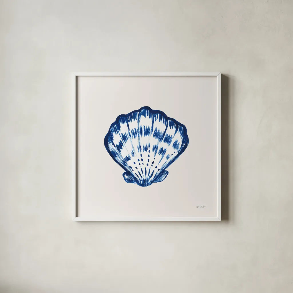 Blue Shell I by Yvette St. Amant. Shown in a crisp white glass frame for a clean and minimalist style. Available as an archival giclee rolled canvas, fine art paper, or poster print. SKU 101197a.