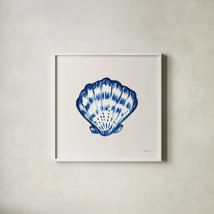 Blue Shell I by Yvette St. Amant. Shown in a crisp white glass frame for a clean and minimalist style. Available as an archival giclee rolled canvas, fine art paper, or poster print. SKU 101197a.