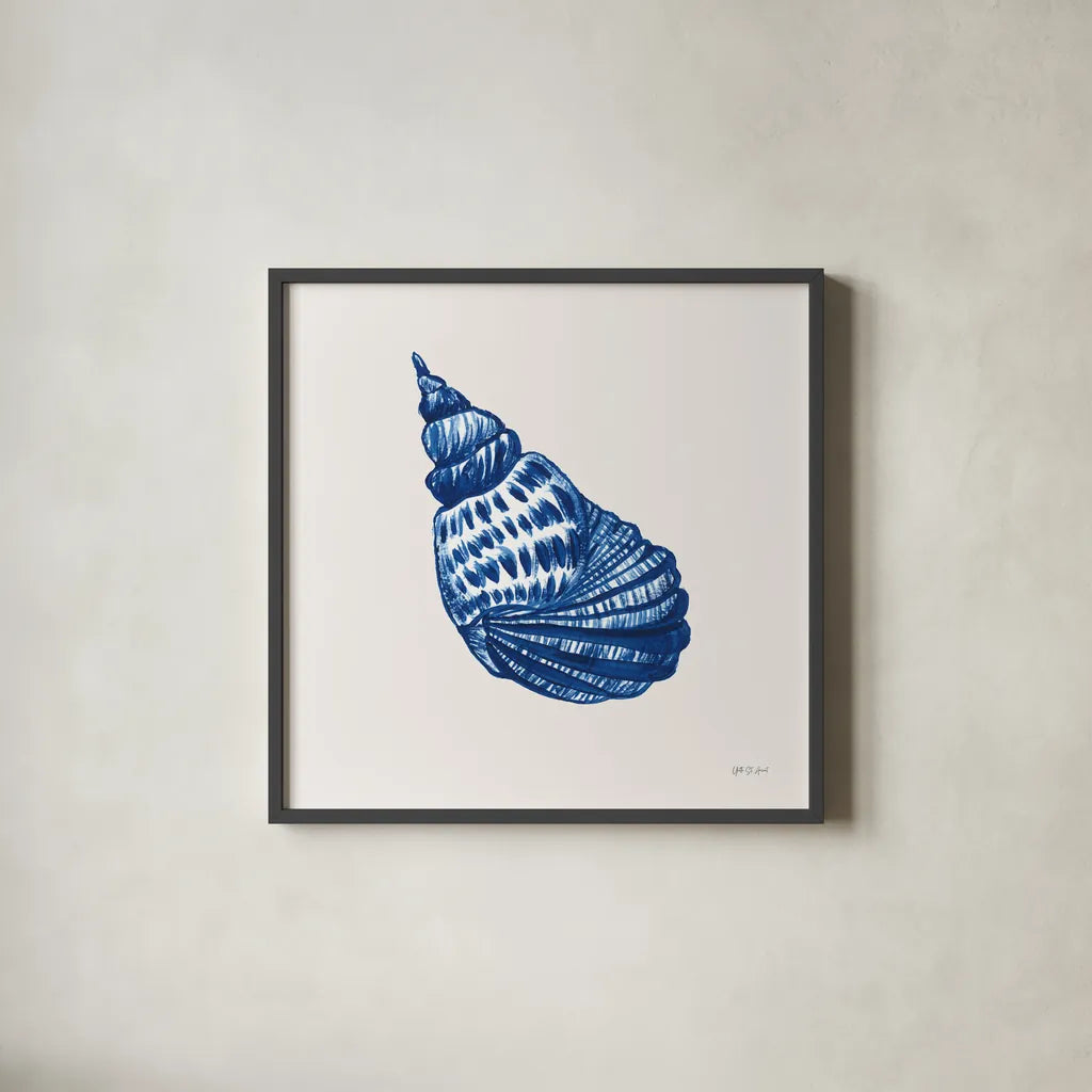 Blue Shell II by Yvette St. Amant. Shown in a sleek black glass frame for a contemporary gallery look. Available as an archival giclee rolled canvas, fine art paper, or poster print. SKU 101198a.
