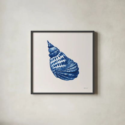 Blue Shell II by Yvette St. Amant. Shown in a sleek black glass frame for a contemporary gallery look. Available as an archival giclee rolled canvas, fine art paper, or poster print. SKU 101198a.