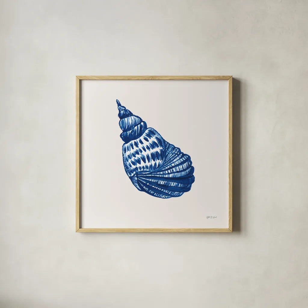 Blue Shell II by Yvette St. Amant. Shown in a natural wood glass frame for a timeless modern aesthetic. Available as an archival giclee rolled canvas, fine art paper, or poster print. SKU 101198a.