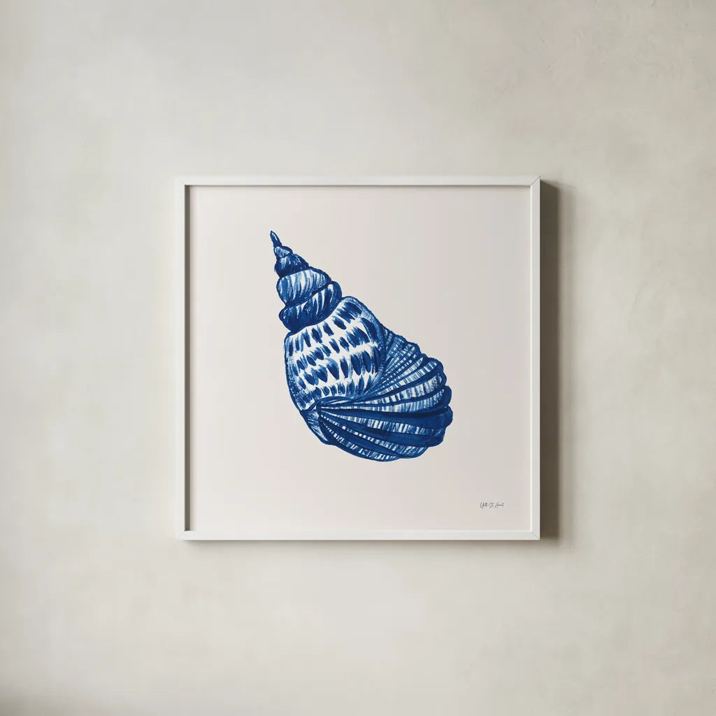 Blue Shell II by Yvette St. Amant. Shown in a crisp white glass frame for a clean and minimalist style. Available as an archival giclee rolled canvas, fine art paper, or poster print. SKU 101198a.