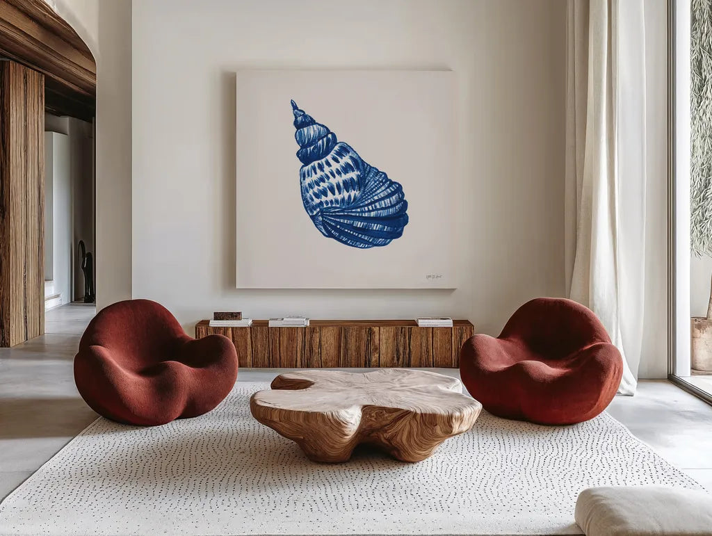 Blue Shell II by Yvette St. Amant. Shown as extra-large giant wall art in a modern living room. Available as an archival giclee rolled canvas, fine art paper, or poster print. SKU 101198a.