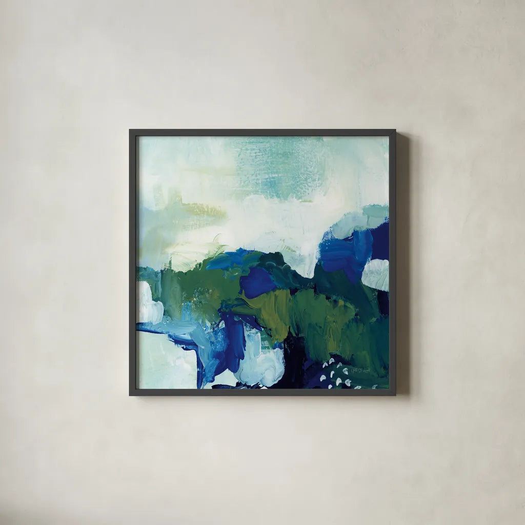 Blue Tide by Yvette St. Amant. Shown in a sleek black glass frame for a contemporary gallery look. Available as an archival giclee rolled canvas, fine art paper, or poster print. SKU 100267a.