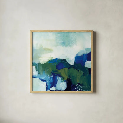 Blue Tide by Yvette St. Amant. Shown in a natural wood glass frame for a timeless modern aesthetic. Available as an archival giclee rolled canvas, fine art paper, or poster print. SKU 100267a.