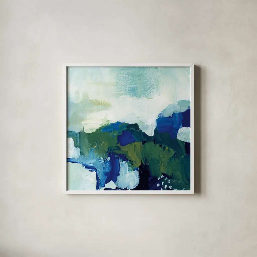 Blue Tide by Yvette St. Amant. Shown in a crisp white glass frame for a clean and minimalist style. Available as an archival giclee rolled canvas, fine art paper, or poster print. SKU 100267a.