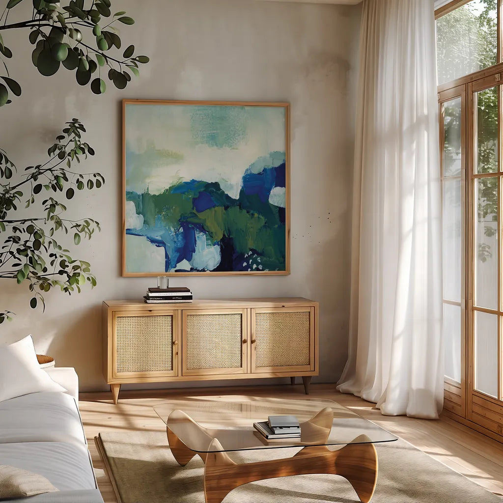 Blue Tide by Yvette St. Amant. Shown in a natural wood frame in a cozy modern living room. Available as an archival giclee rolled canvas, fine art paper, or poster print. SKU 100267a.
