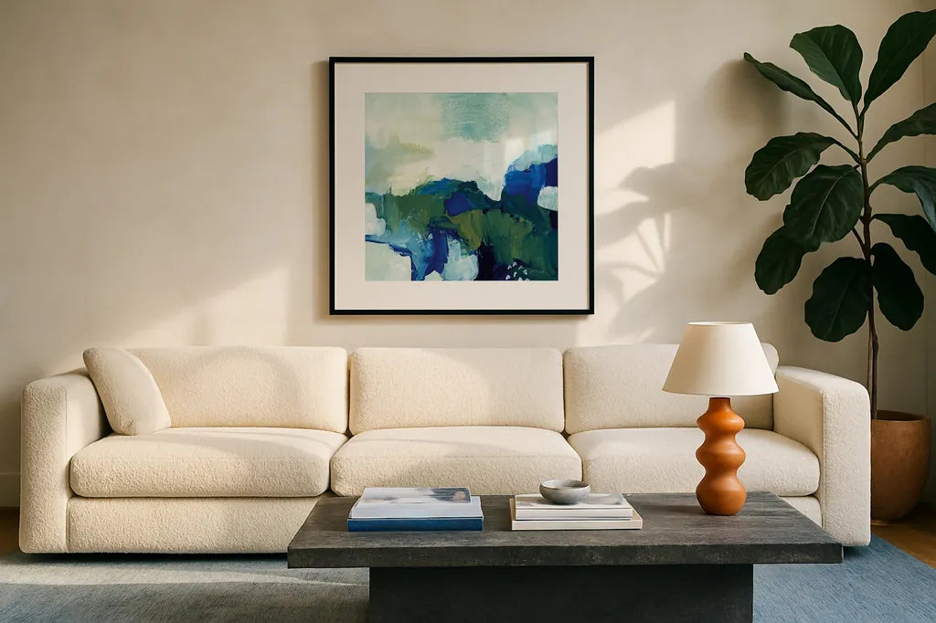 Blue Tide by Yvette St. Amant. Displayed in a glass frame with matte in a clean modern living room. Available as an archival giclee rolled canvas, fine art paper, or poster print. SKU 100267a.