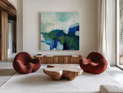 Blue Tide by Yvette St. Amant. Shown as extra-large giant wall art in a modern living room. Available as an archival giclee rolled canvas, fine art paper, or poster print. SKU 100267a.