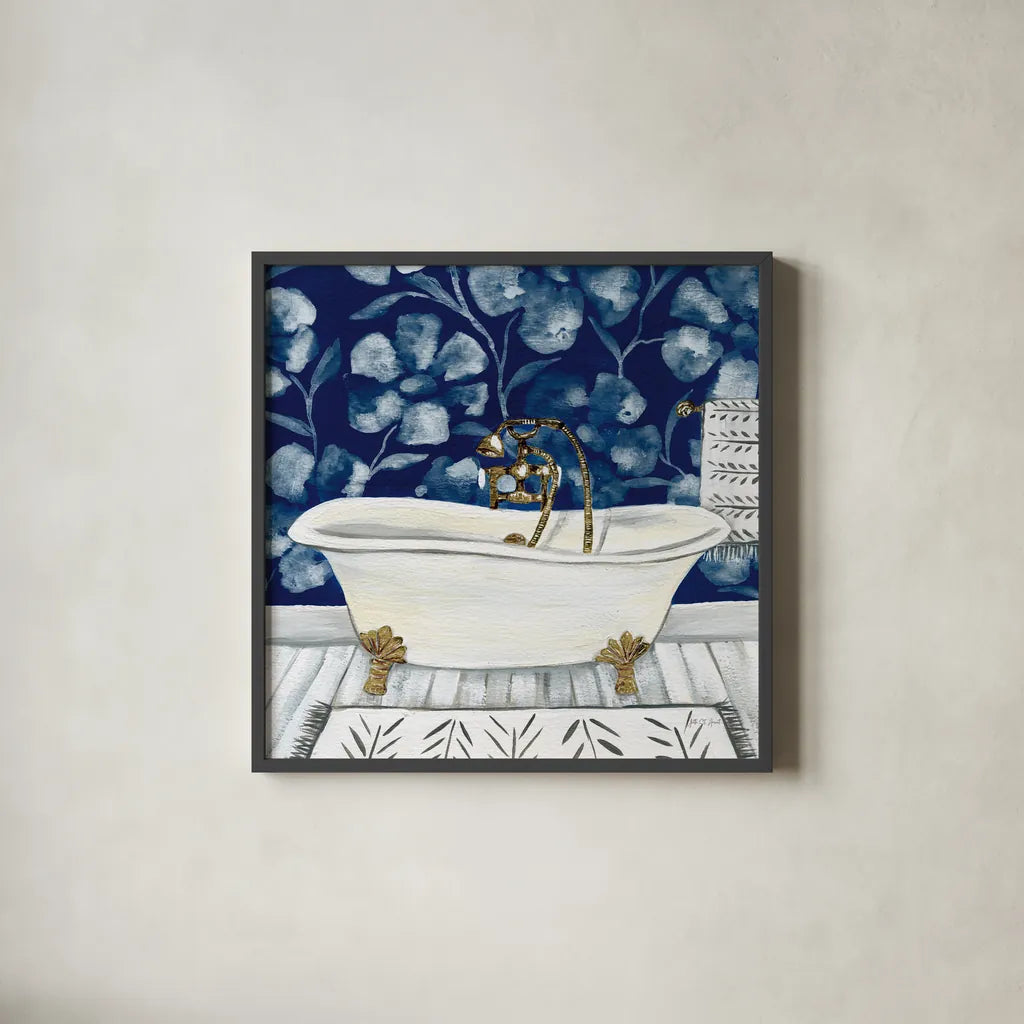 Bold Bathroom I Sq by Yvette St. Amant. Shown in a sleek black glass frame for a contemporary gallery look. Available as an archival giclee rolled canvas, fine art paper, or poster print. SKU 98753a.