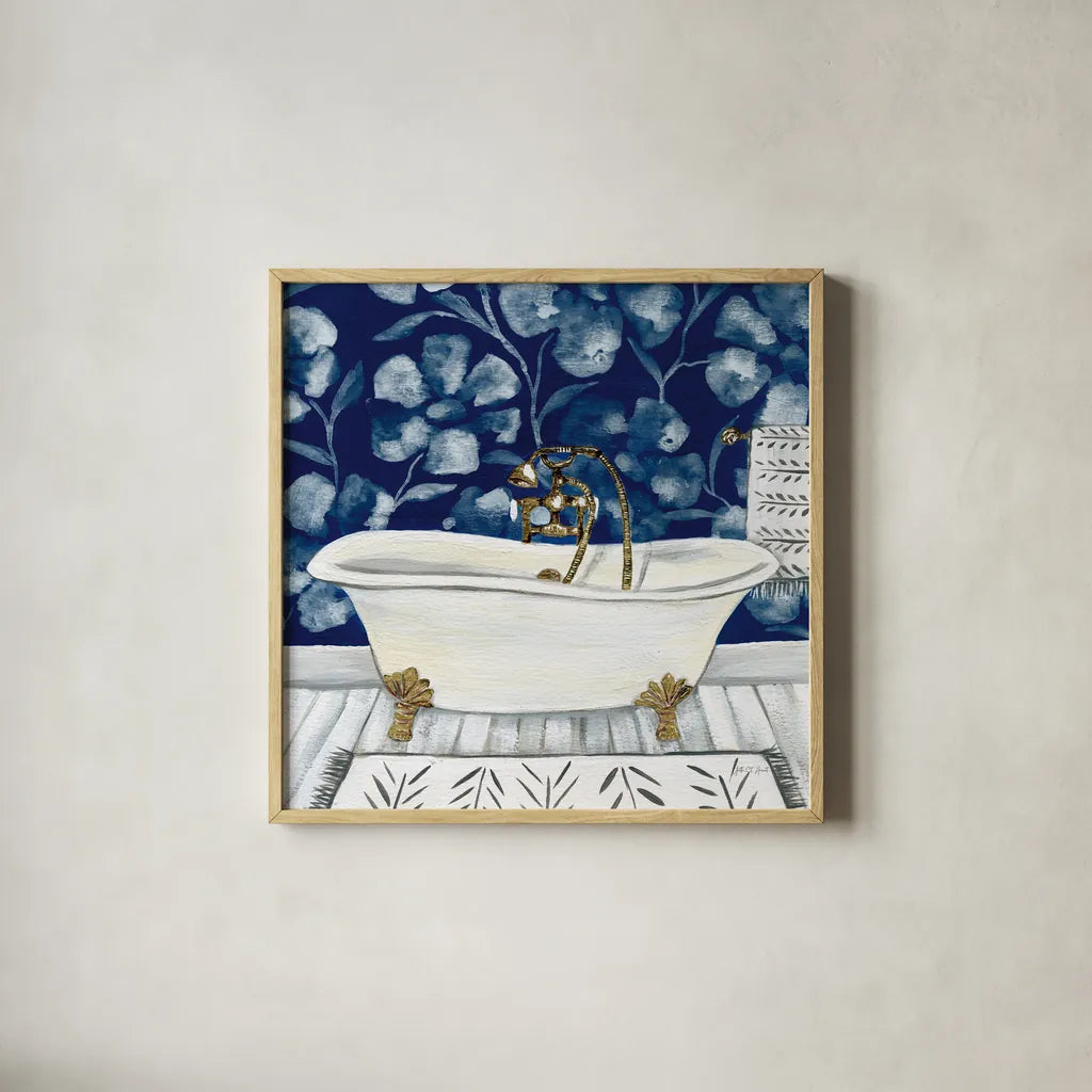 Bold Bathroom I Sq by Yvette St. Amant. Shown in a natural wood glass frame for a timeless modern aesthetic. Available as an archival giclee rolled canvas, fine art paper, or poster print. SKU 98753a.