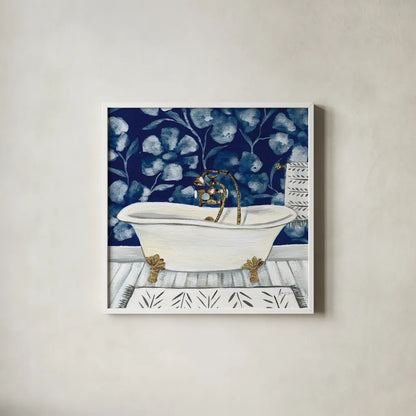 Bold Bathroom I Sq by Yvette St. Amant. Shown in a crisp white glass frame for a clean and minimalist style. Available as an archival giclee rolled canvas, fine art paper, or poster print. SKU 98753a.