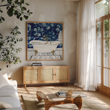 Bold Bathroom I Sq by Yvette St. Amant. Shown in a natural wood frame in a cozy modern living room. Available as an archival giclee rolled canvas, fine art paper, or poster print. SKU 98753a.