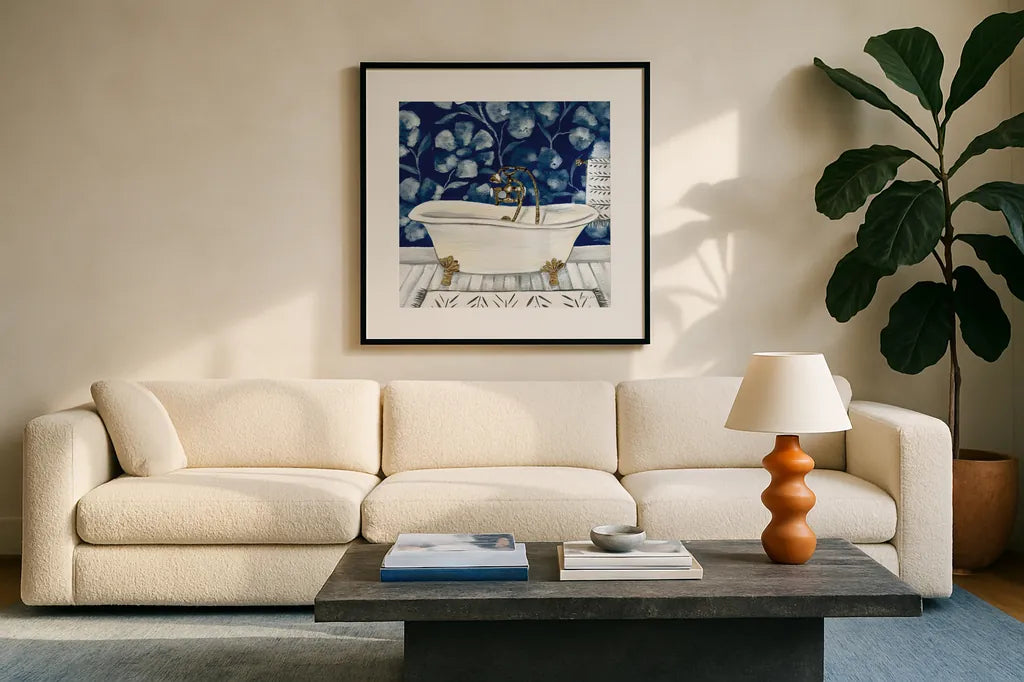 Bold Bathroom I Sq by Yvette St. Amant. Displayed in a glass frame with matte in a clean modern living room. Available as an archival giclee rolled canvas, fine art paper, or poster print. SKU 98753a.