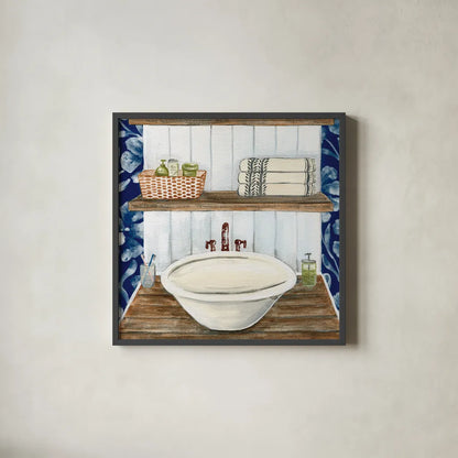 Bold Bathroom II Sq by Yvette St. Amant. Shown in a sleek black glass frame for a contemporary gallery look. Available as an archival giclee rolled canvas, fine art paper, or poster print. SKU 98754a.