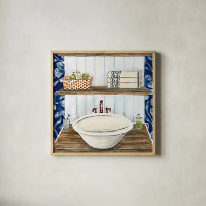 Bold Bathroom II Sq by Yvette St. Amant. Shown in a natural wood glass frame for a timeless modern aesthetic. Available as an archival giclee rolled canvas, fine art paper, or poster print. SKU 98754a.